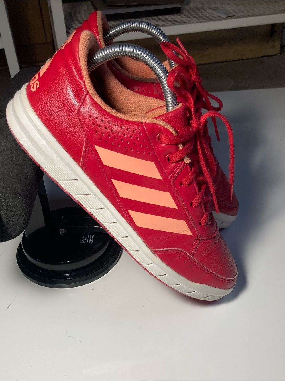 adidas Red Sneakers with Peach Stripes